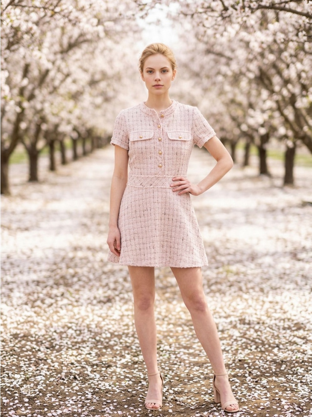 Fate Blush Pink Tweed Short-Sleeve Mini Dress